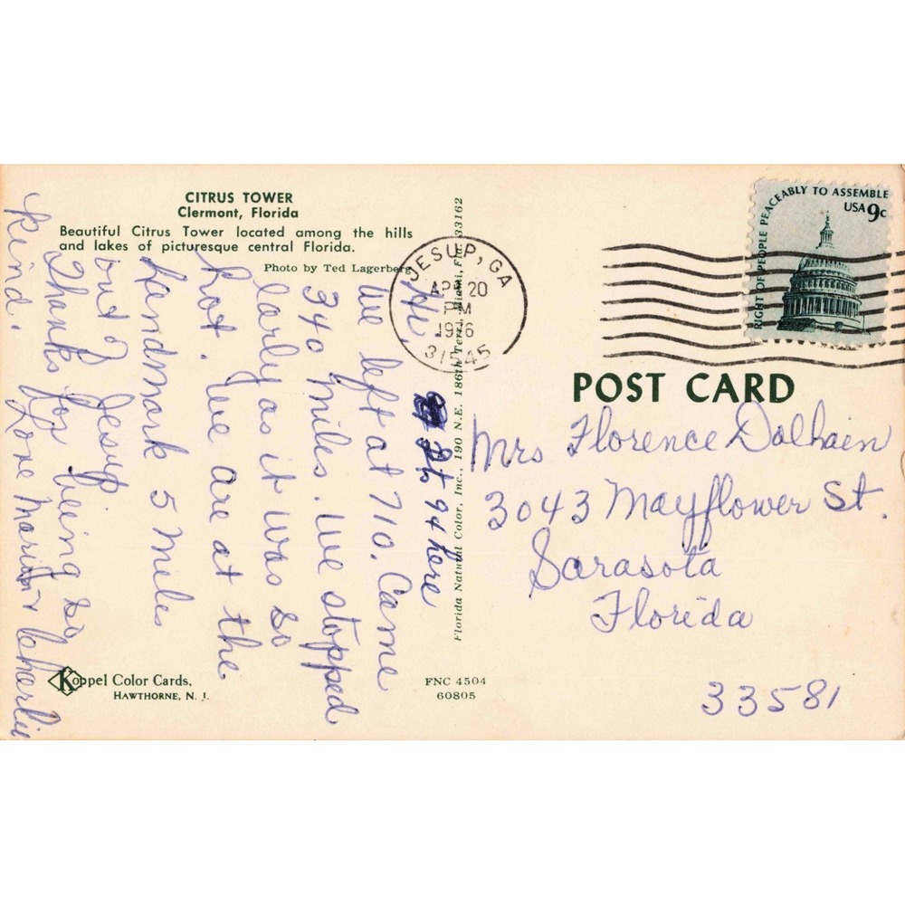 Vintage Citrus Tower Clermont Florida Postcard Orange Trees 1976 Postmark VG - Picture 2 of 2